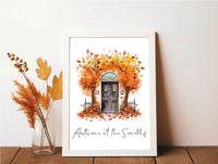 Personalised Autumn At The "Surname" or “House Number” Watercolour Leaves Front Door 2023 Seasonal Wall Home Decor Print