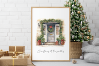 Personalised Christmas At Surname Grey Blue Front Door 2023 Winter Christmas Seasonal Wall Home Decor Print