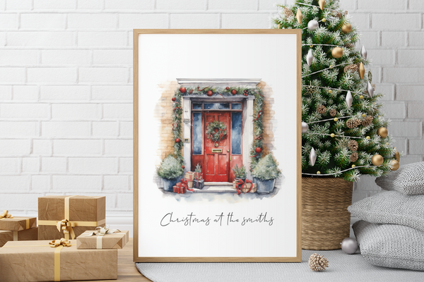 Personalised Christmas At Surname Red Front Door 2023 Winter Christmas Seasonal Wall Home Decor Print