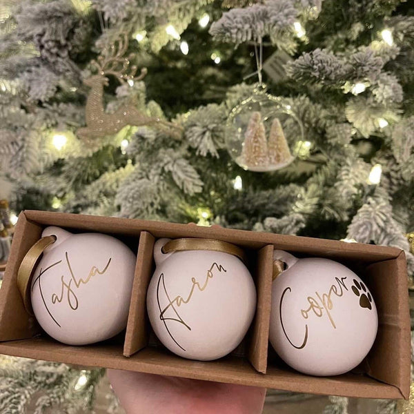 Set Of 3 Personalised Single Name Festive Satin Ribbon Christmas Ceramic White 6cm Baubles