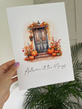 Personalised Autumn At The "Surname" Or “House Number” Watercolour Pumpkins Front Door 2023 Seasonal Wall Home Decor Print