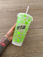 Personalised Name Football Tumbler Venti Cold Cup 24oz - With Straw (Design Colour Can Be Chosen)