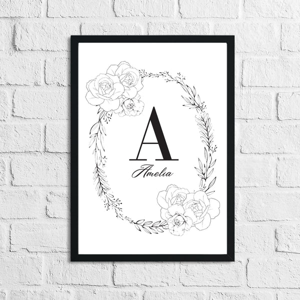 Black Rose Wreath Name Children's Room Wall Decor Print