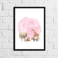 Personalised Zoo Animals Name Pink Children's Room Wall Decor Print