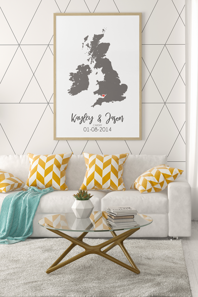 Couples United Kingdom Map with Special Dates & Heart Personalised 2022 Wall Decor Print with 10 New Styles