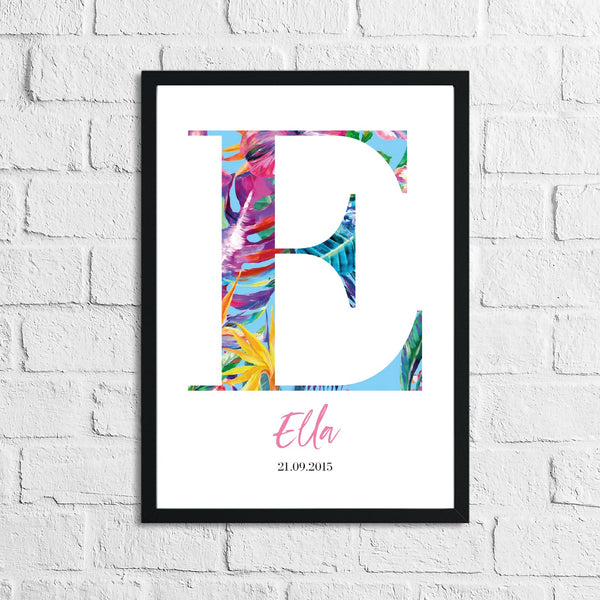 Watercolour Floral Name Initial DOB Children's Wall Decor Print